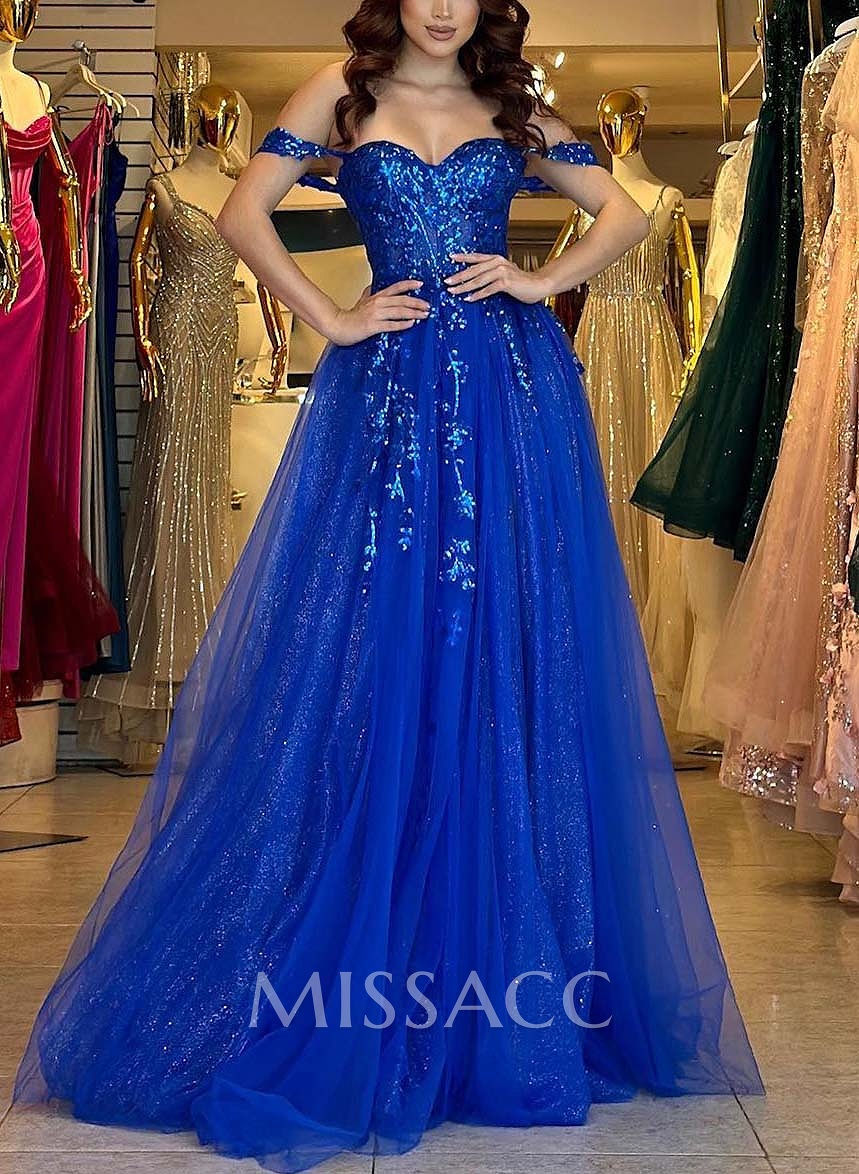 Sparkly Lace Off-The-Shoulder A-Line Slit Prom Dresses Sparkly Lace Off-The-Shoulder A-Line Slit Prom Dresses