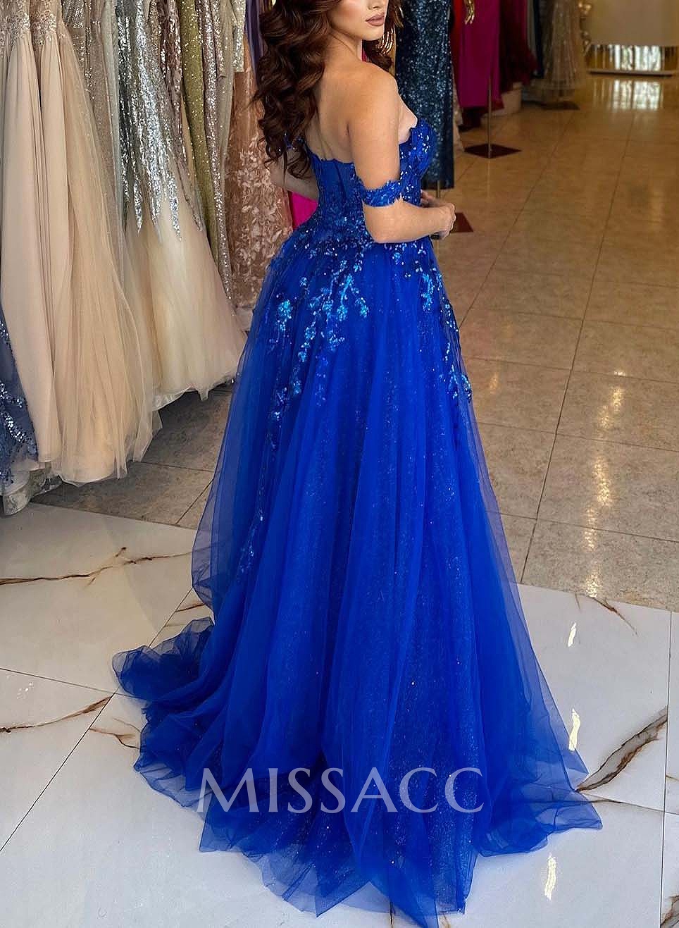 Sparkly Lace Off-The-Shoulder A-Line Slit Prom Dresses Sparkly Lace Off-The-Shoulder A-Line Slit Prom Dresses