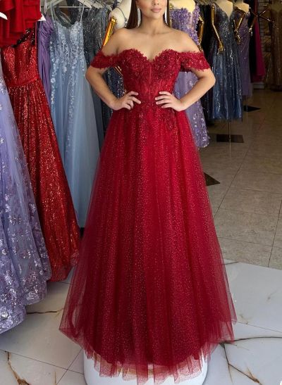 Sparkly Lace Off-The-Shoulder A-Line Prom Dresses