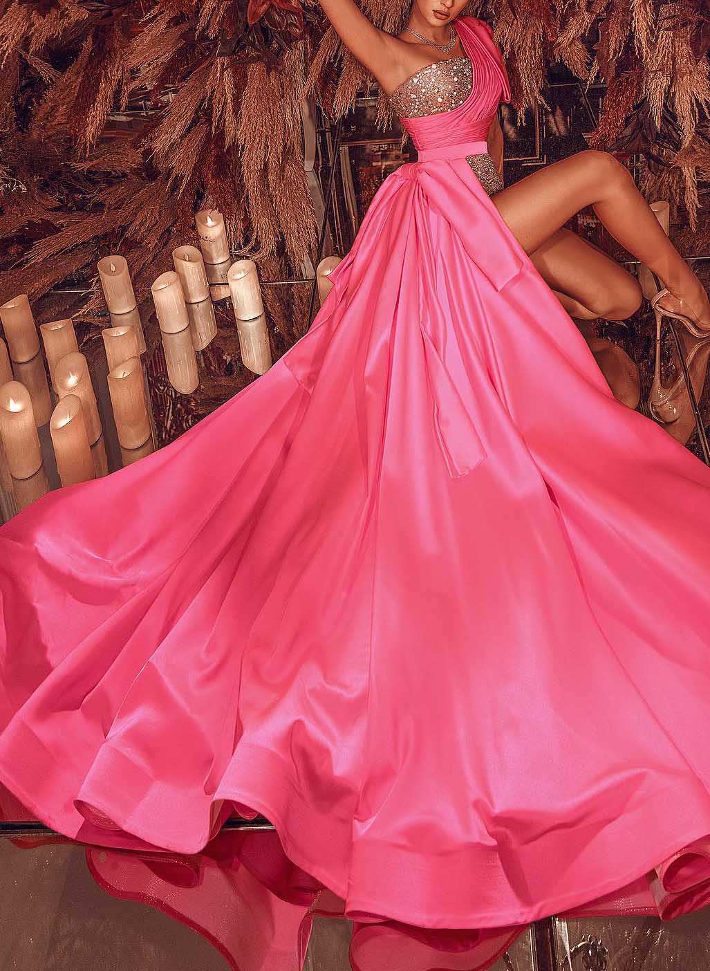 Sparkly Sequined One-Shoulder Slit Prom Dresses
