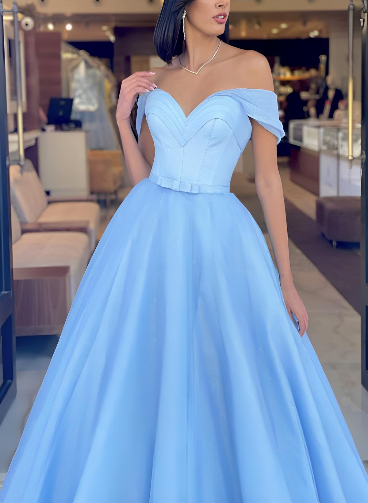Ball-Gown Off-The-Shoulder Sleeveless Sweep Train Prom Dresses