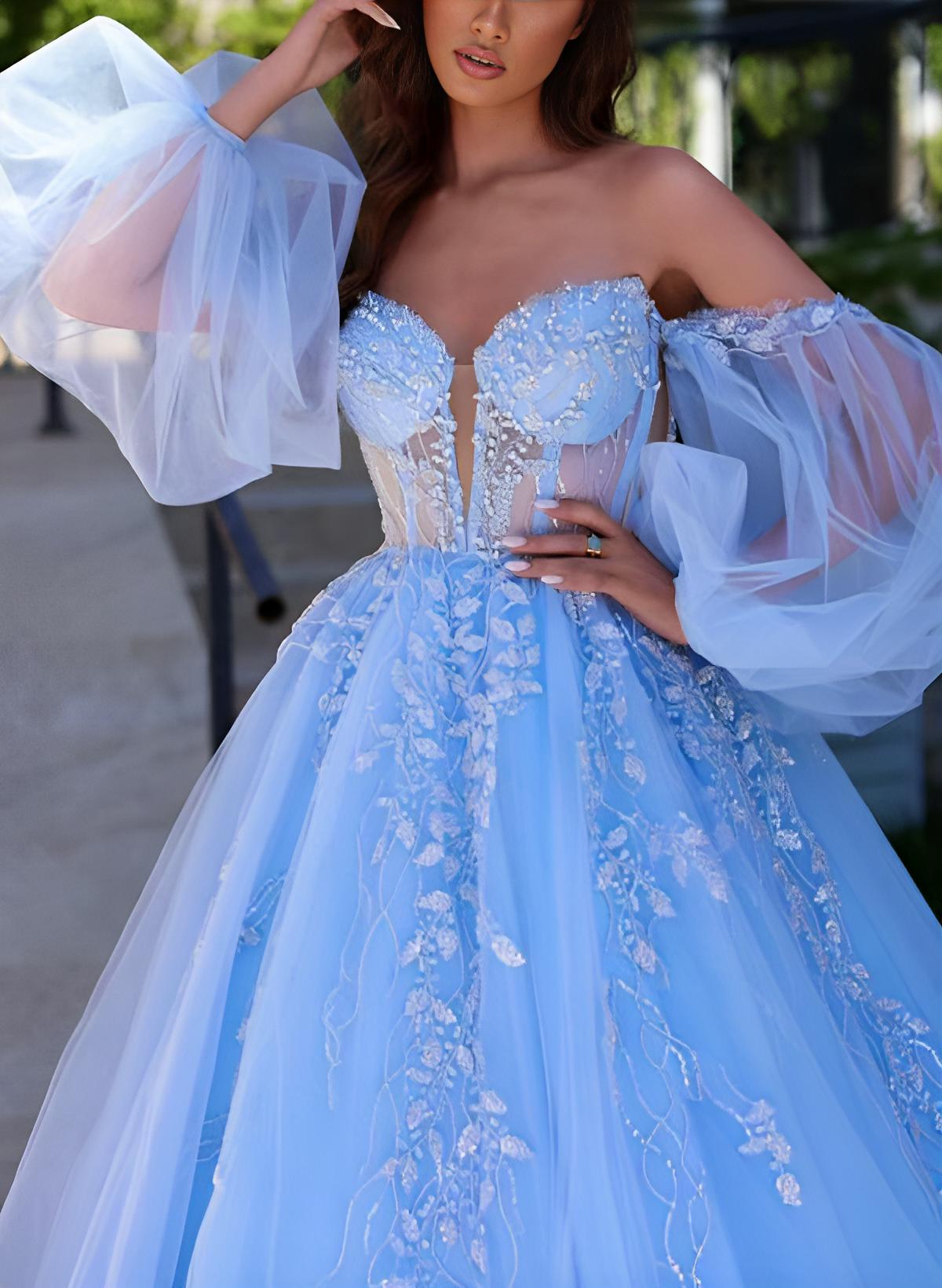 Ball-Gown Sweetheart Long Sleeves Sweep Train Tulle Prom Dresses With Appliques Lace