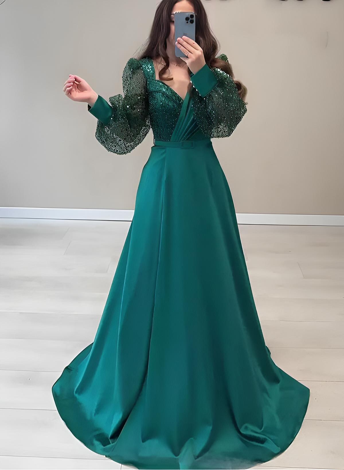A-Line V-Neck Long Sleeves Floor-Length Charmeuse Prom Dresses With Sequins