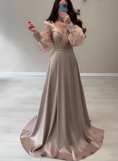 A-Line V-Neck Long Sleeves Floor-Length Charmeuse Prom Dresses With Sequins