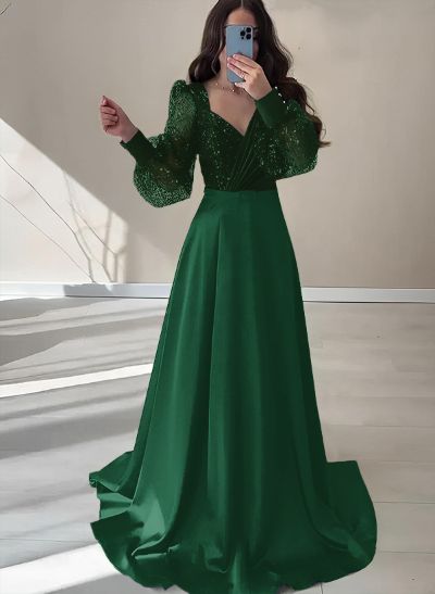 A-Line V-Neck Long Sleeves Floor-Length Charmeuse Prom Dresses With Sequins