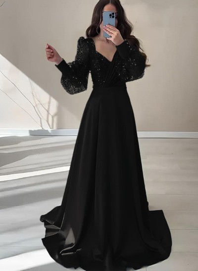 A-Line V-Neck Long Sleeves Floor-Length Charmeuse Prom Dresses With Sequins