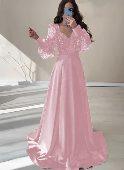 A-Line V-Neck Long Sleeves Floor-Length Charmeuse Prom Dresses With Sequins