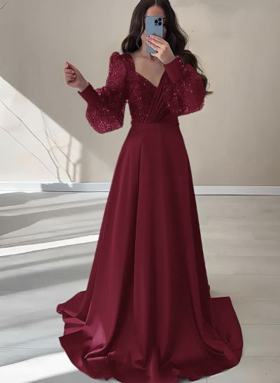 A-Line V-Neck Long Sleeves Floor-Length Charmeuse Prom Dresses With Sequins