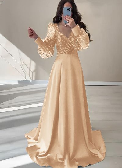 A-Line V-Neck Long Sleeves Floor-Length Charmeuse Prom Dresses With Sequins