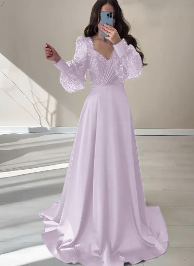 A-Line V-Neck Long Sleeves Floor-Length Charmeuse Prom Dresses With Sequins