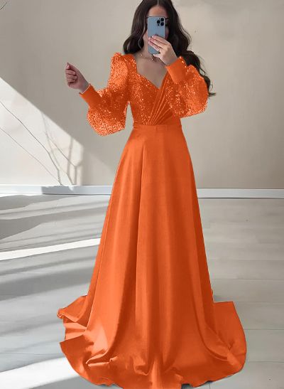 A-Line V-Neck Long Sleeves Floor-Length Charmeuse Prom Dresses With Sequins