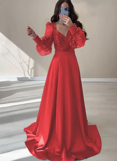 A-Line V-Neck Long Sleeves Floor-Length Charmeuse Prom Dresses With Sequins