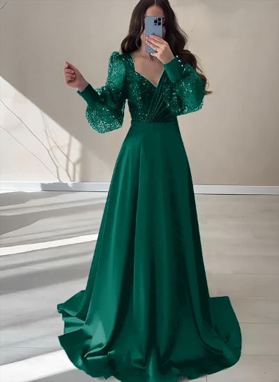 A-Line V-Neck Long Sleeves Floor-Length Charmeuse Prom Dresses With Sequins