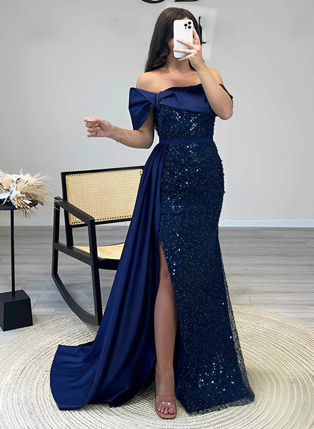 Sheath Off-The-Shoulder Long Sleeves Sweep Train Sequined Prom Dresses With Split Front