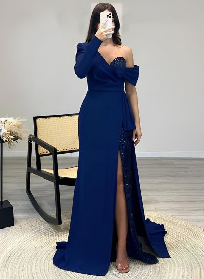 Sheath Long Sleeves Sweep Train Elastic Satin Prom Dresses With Split Front