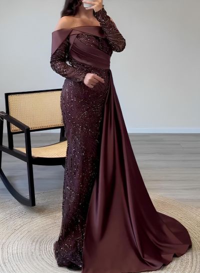 Off-The-Shoulder Long Sleeves Sweep Train Sequined Prom Dresses
