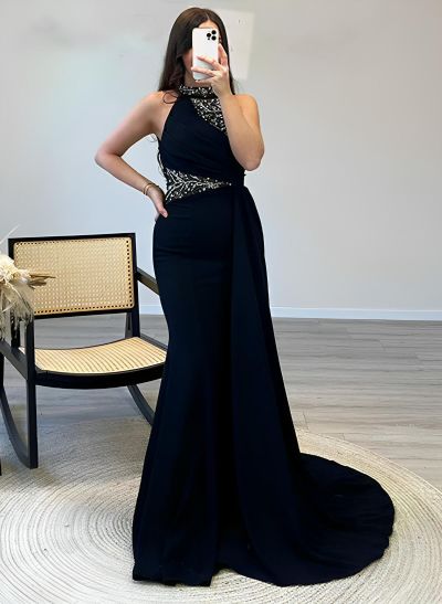 Sheath High Neck Sleeveless Sweep Train Elastic Satin Prom Dresses