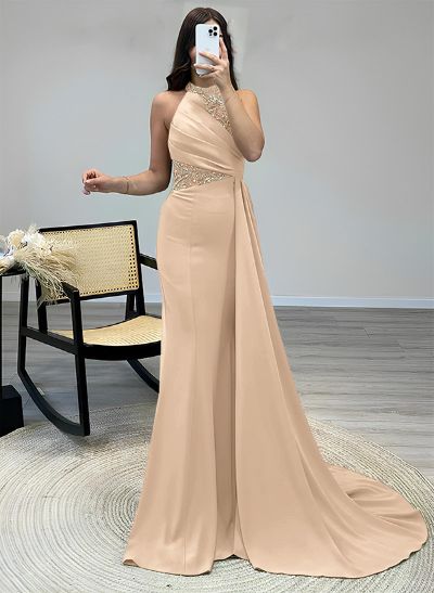 Sheath High Neck Sleeveless Sweep Train Elastic Satin Prom Dresses