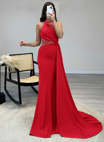 Sheath High Neck Sleeveless Sweep Train Elastic Satin Prom Dresses