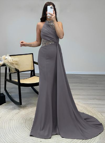 Sheath High Neck Sleeveless Sweep Train Elastic Satin Prom Dresses