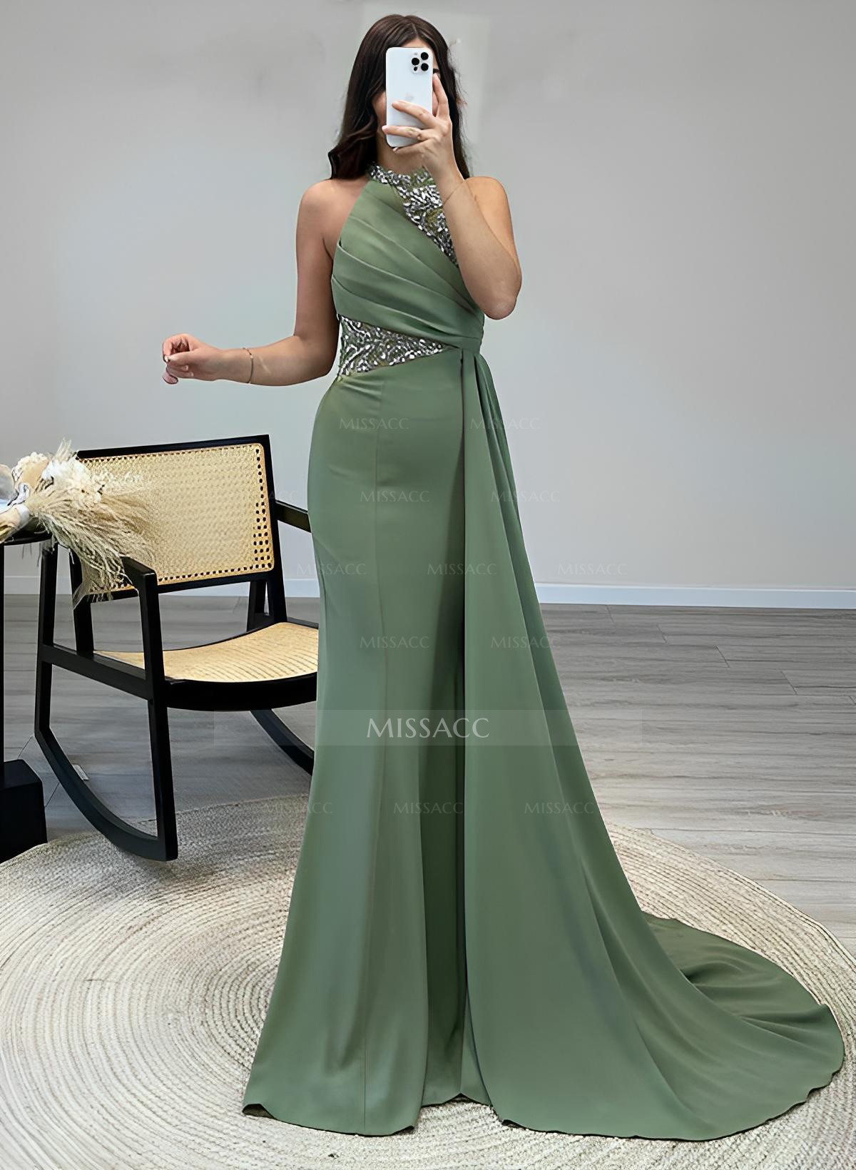 Sheath High Neck Sleeveless Sweep Train Elastic Satin Prom Dresses