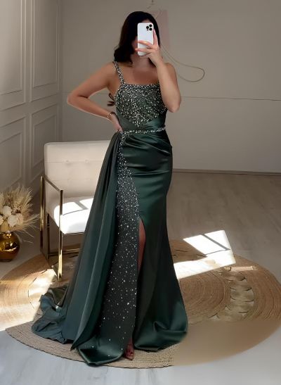 Sheath Square Neckline Sleeveless Sweep Train Sequined Prom Dresses With Split Front