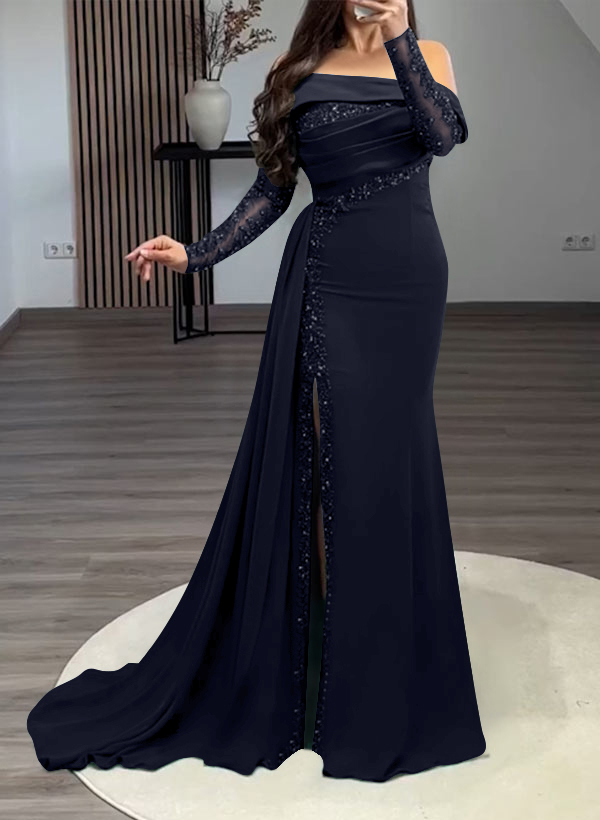 Long Sleeves Sweep Train Elastic Satin Prom Dresses With Sequins