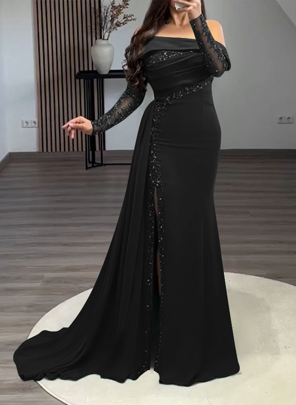 Long Sleeves Sweep Train Elastic Satin Prom Dresses With Sequins