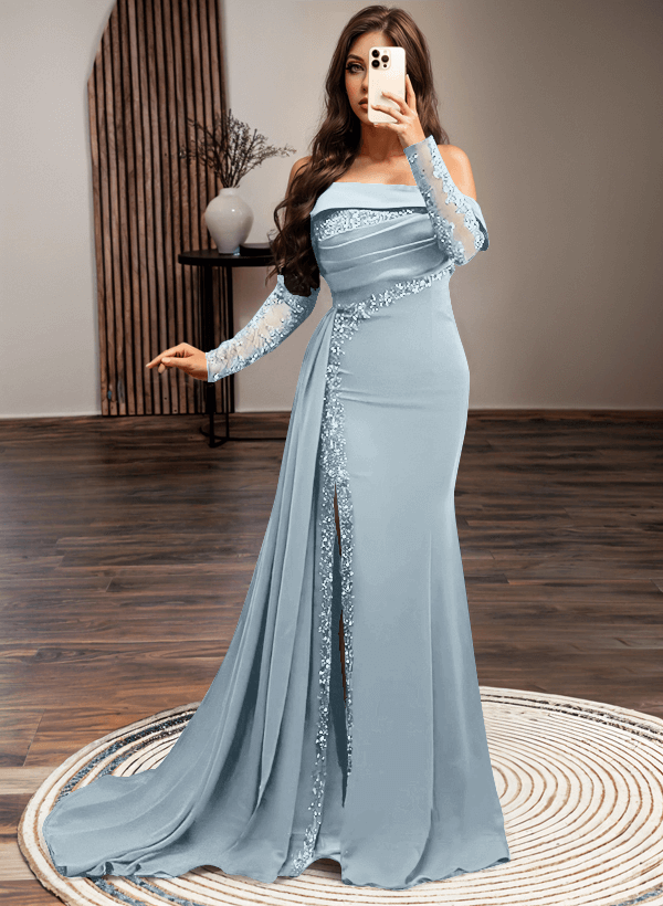 Long Sleeves Sweep Train Elastic Satin Prom Dresses With Sequins