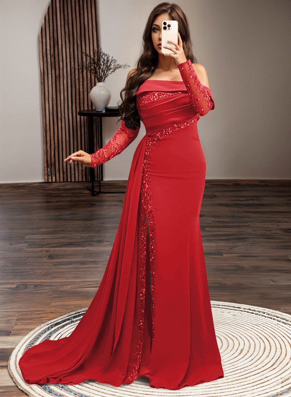 Long Sleeves Sweep Train Elastic Satin Prom Dresses With Sequins