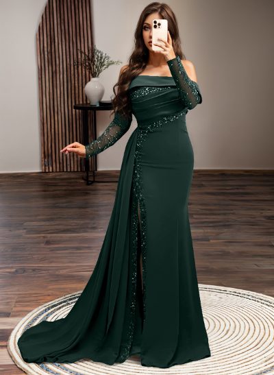 Long Sleeves Sweep Train Elastic Satin Prom Dresses With Appliques Lace