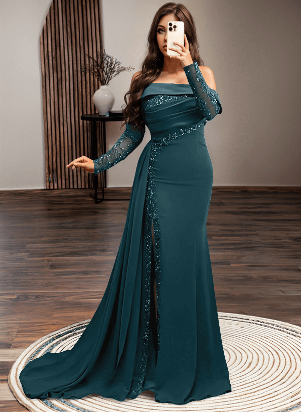 Long Sleeves Sweep Train Elastic Satin Prom Dresses With Sequins