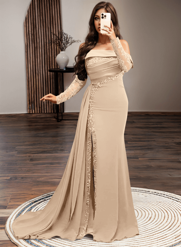 Long Sleeves Sweep Train Elastic Satin Prom Dresses With Sequins