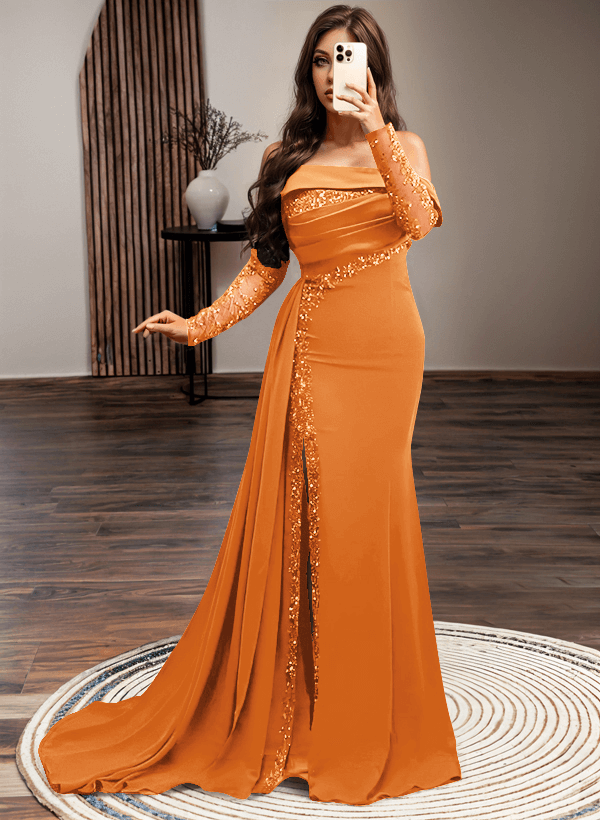 Long Sleeves Sweep Train Elastic Satin Prom Dresses With Sequins