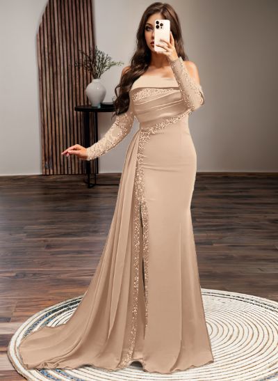 Long Sleeves Sweep Train Elastic Satin Prom Dresses With Appliques Lace