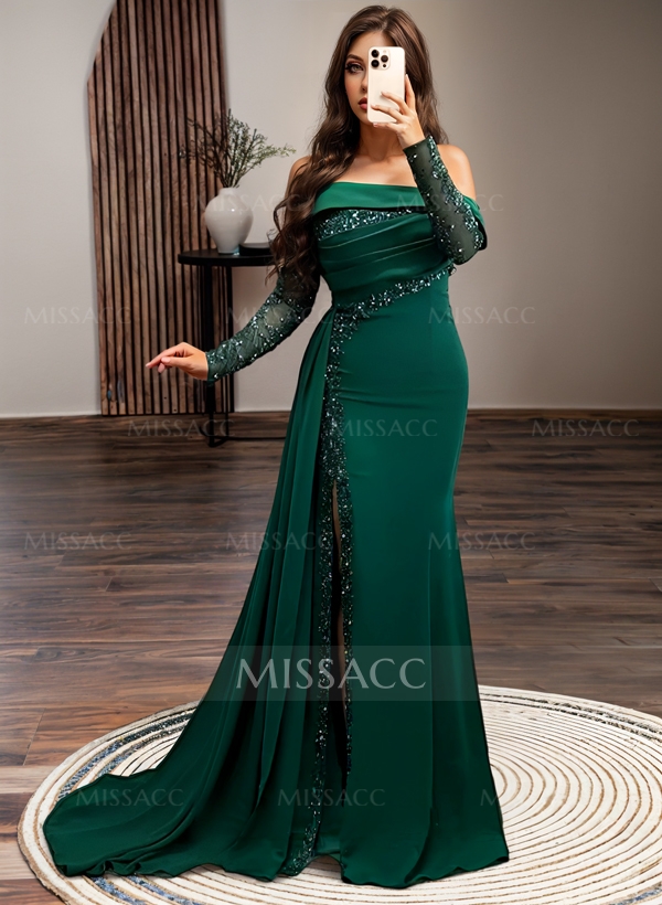 Long Sleeves Sweep Train Elastic Satin Prom Dresses With Appliques Lace