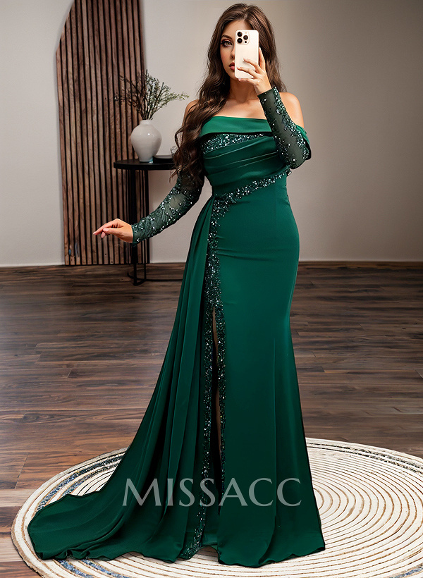 Long Sleeves Sweep Train Elastic Satin Prom Dresses With Appliques Lace Long Sleeves Sweep Train Elastic Satin Prom Dresses With Appliques Lace