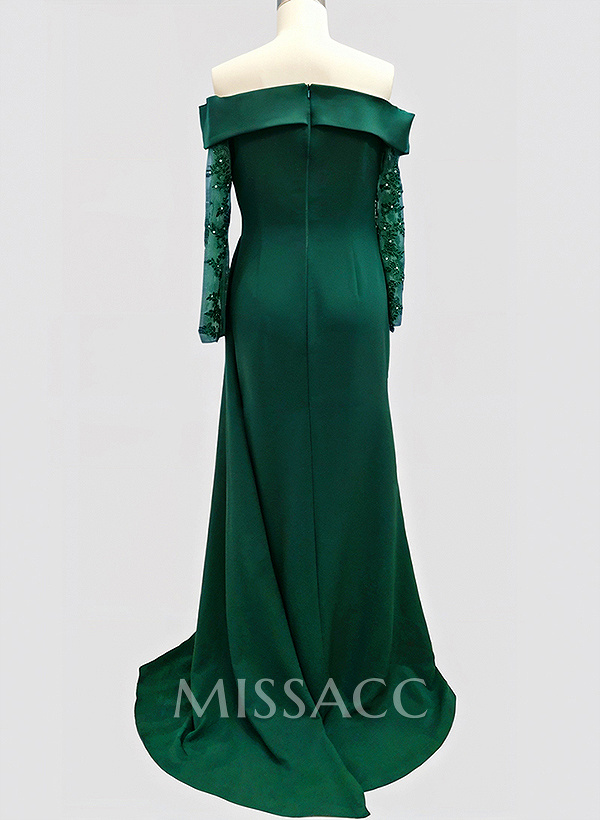 Long Sleeves Sweep Train Elastic Satin Prom Dresses With Appliques Lace Long Sleeves Sweep Train Elastic Satin Prom Dresses With Appliques Lace
