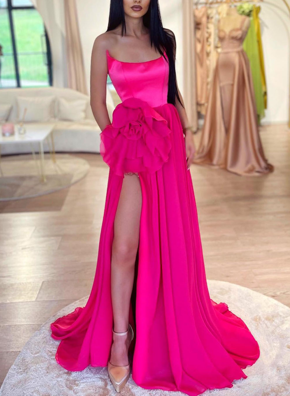 Hot Pink Strapless Satin Chiffon Prom Dresses With Flower