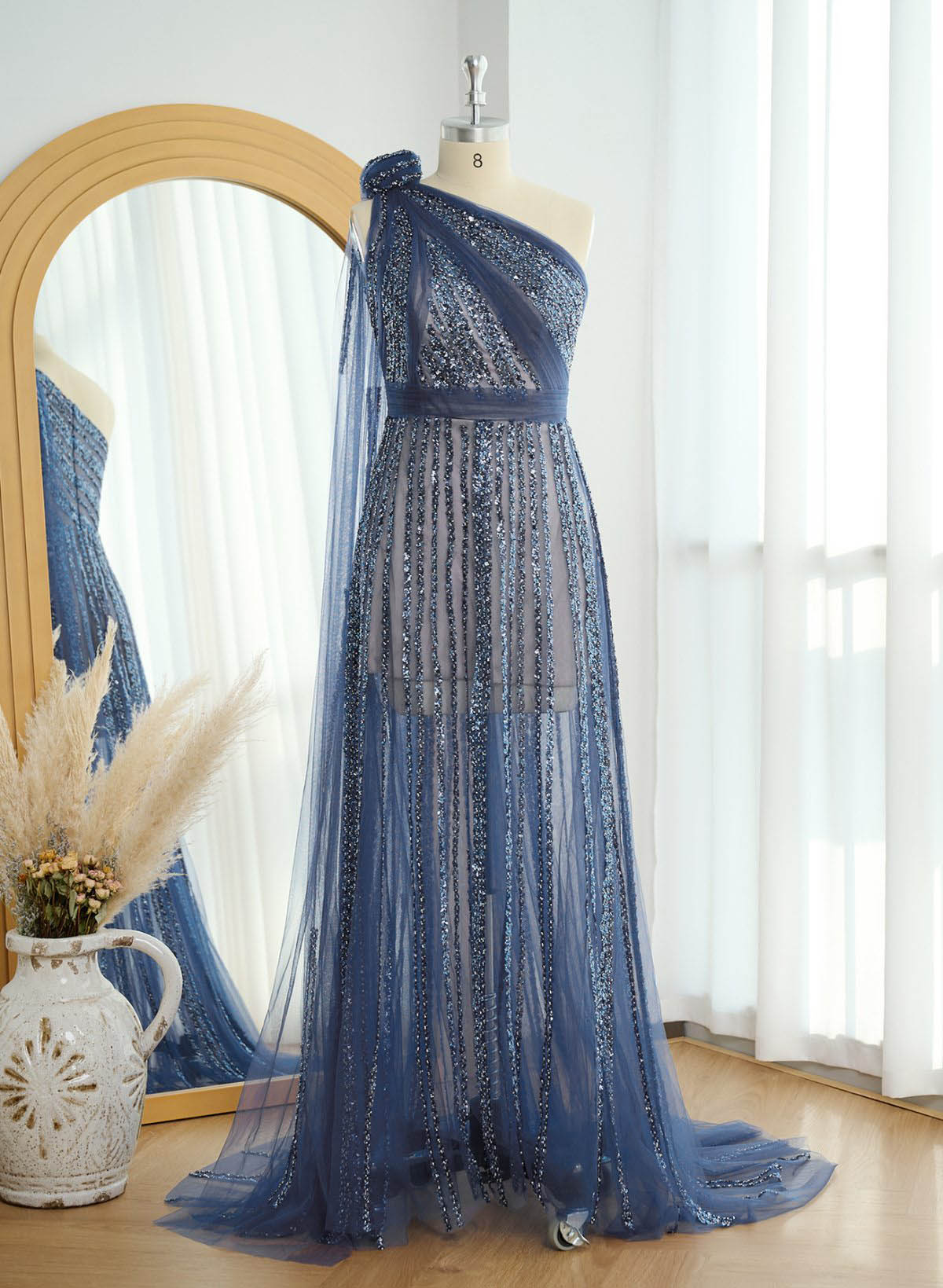 A-Line One-Shoulder Sleeveless Sweep Train Prom Dresses With Split Front