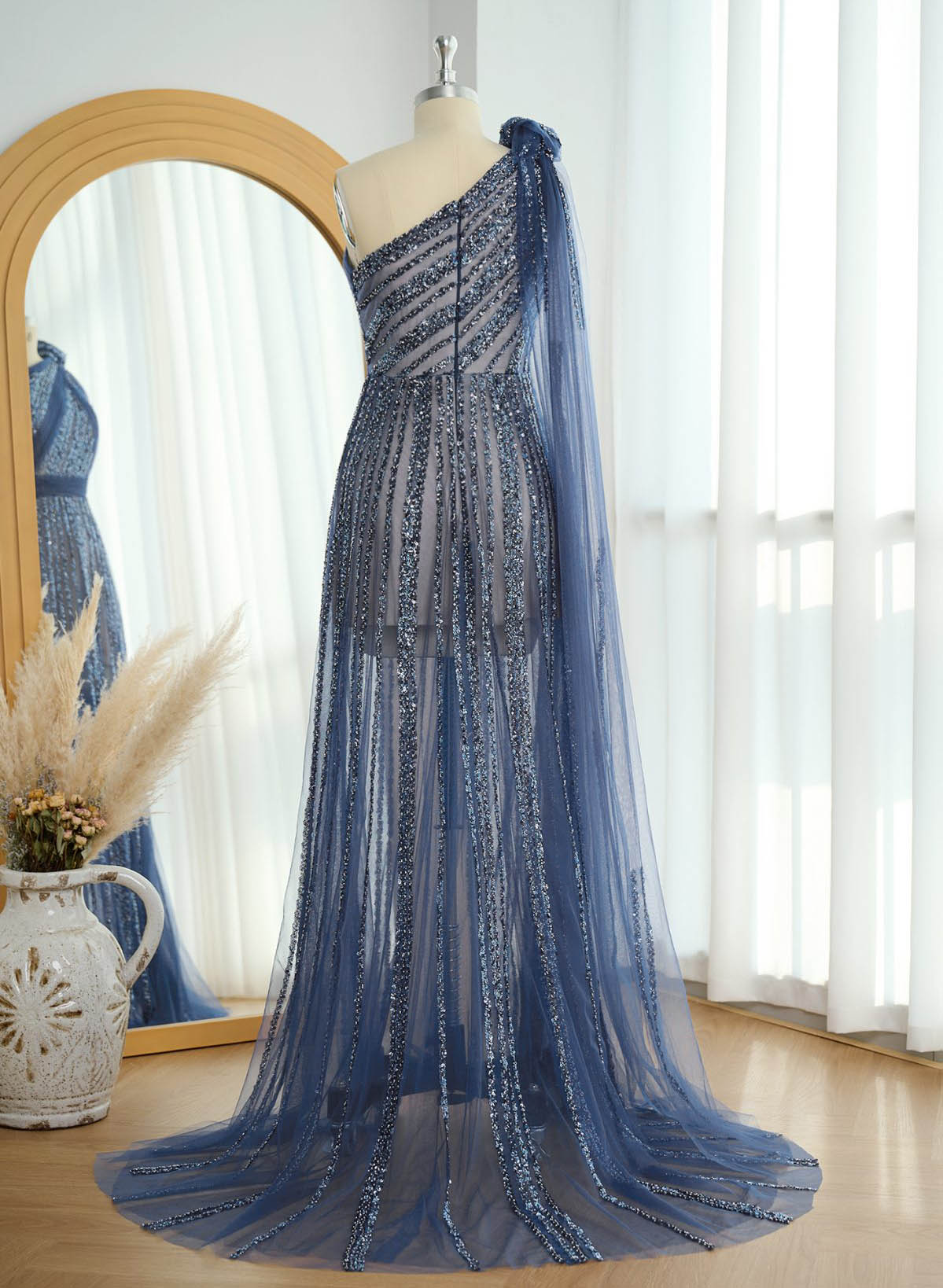 A-Line One-Shoulder Sleeveless Sweep Train Prom Dresses With Split Front