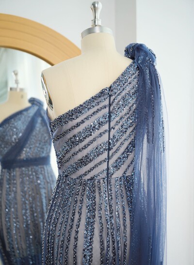 A-Line One-Shoulder Sleeveless Sweep Train Prom Dresses With Split Front