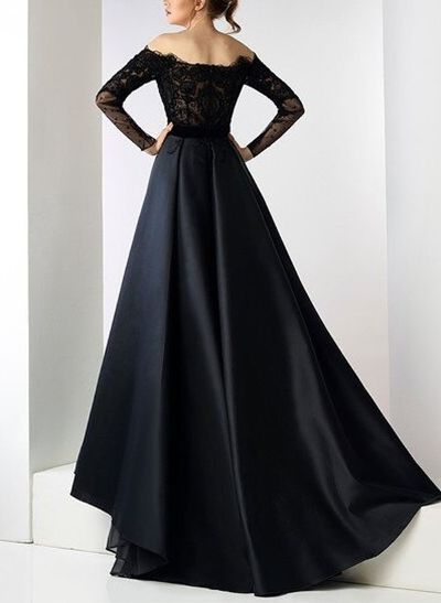 Off-The-Shoulder Long Sleeves Lace/Satin Prom Dresses With Split Front