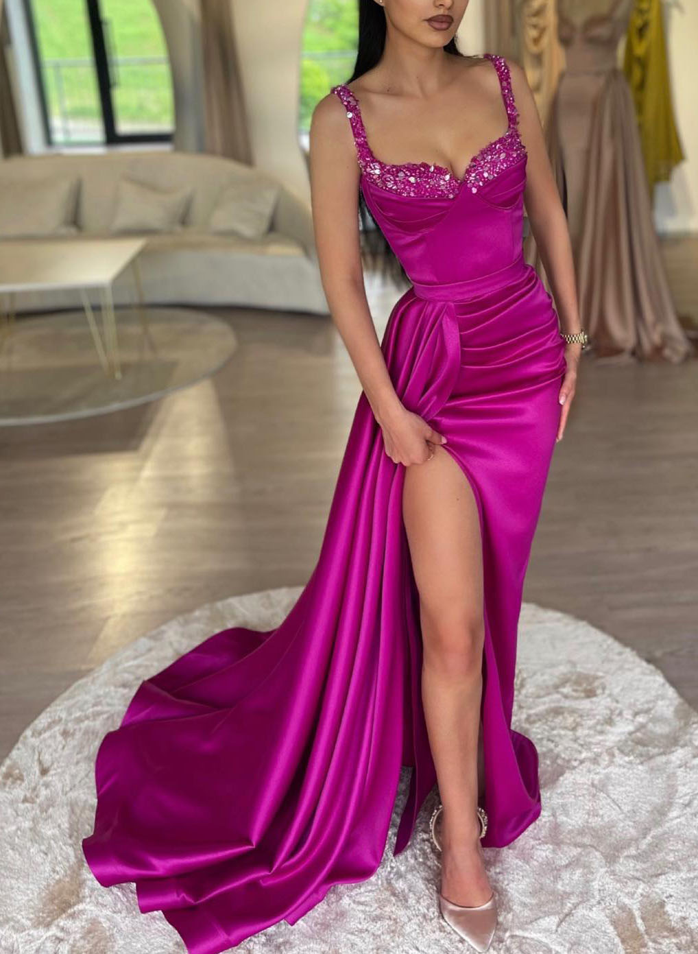 Sparkly Beading Sweetheart Satin Prom Dresses With Slit