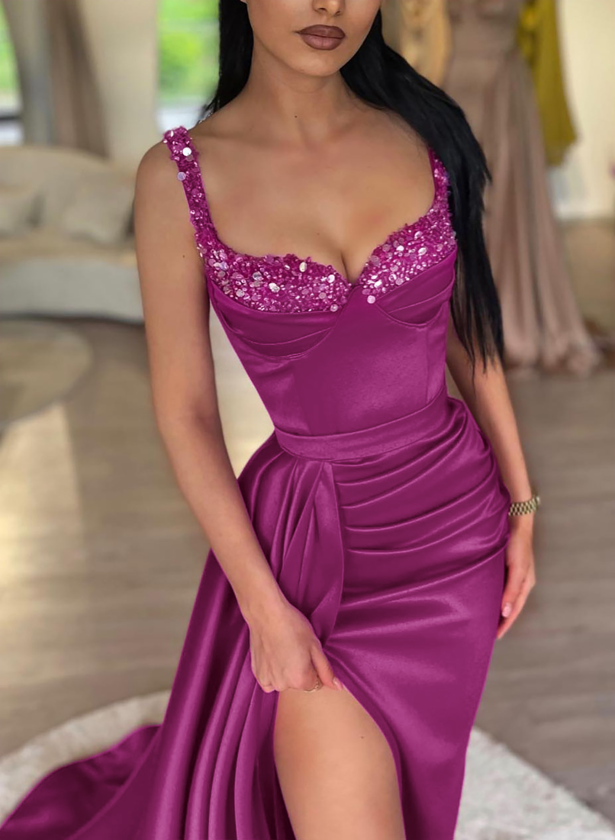 Sparkly Beading Sweetheart Satin Prom Dresses With Slit