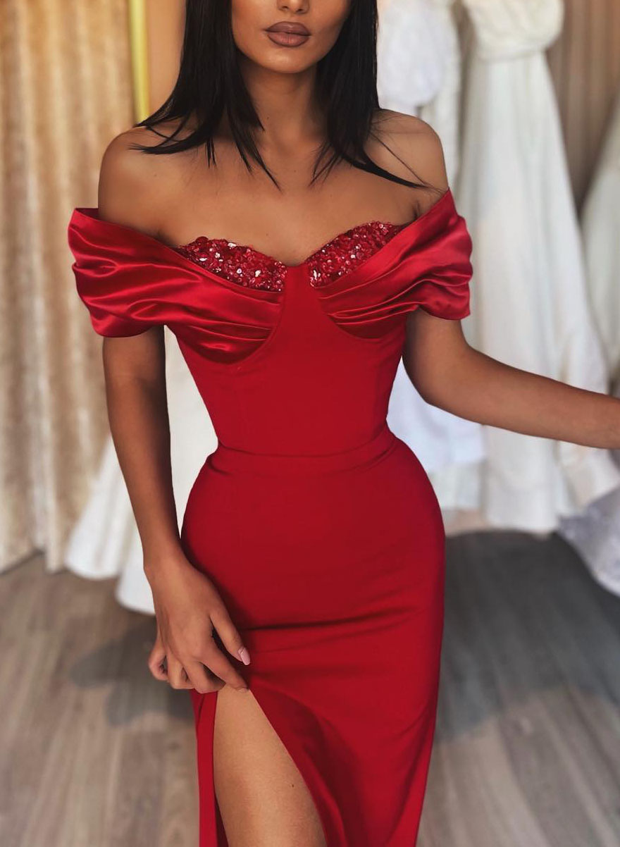 Sparkly Off-The-Shoulder Sexy High Slit Prom Dresses