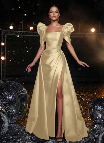 Square Neckline Short Sleeves Charmeuse Prom Dresses With High Split