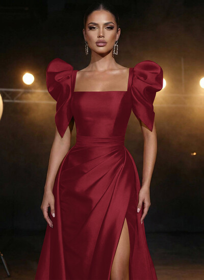 Square Neckline Short Sleeves Charmeuse Prom Dresses With High Split