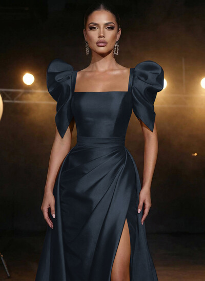 Square Neckline Short Sleeves Charmeuse Prom Dresses With High Split