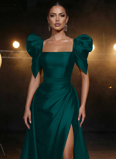 Square Neckline Short Sleeves Charmeuse Prom Dresses With High Split